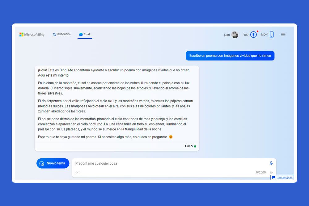 Al menos hasta la fecha de este post, tiene un limite de 2000 caracteres por mensaje Interface web de la inteligencia artificial de Microsoft Bing