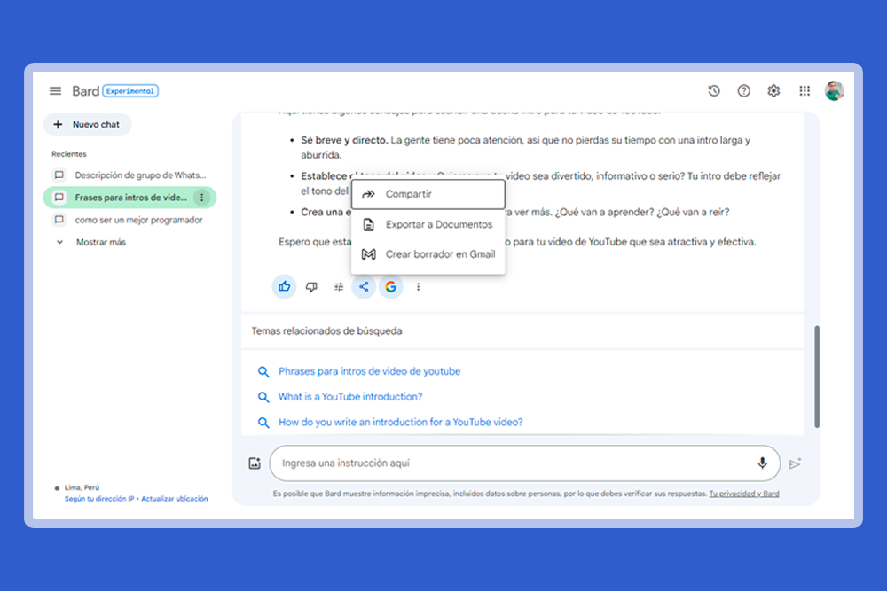 Google tiene planeado integrarlo con más herramientas y servicios Interface web de la inteligencia artificial Google Bard