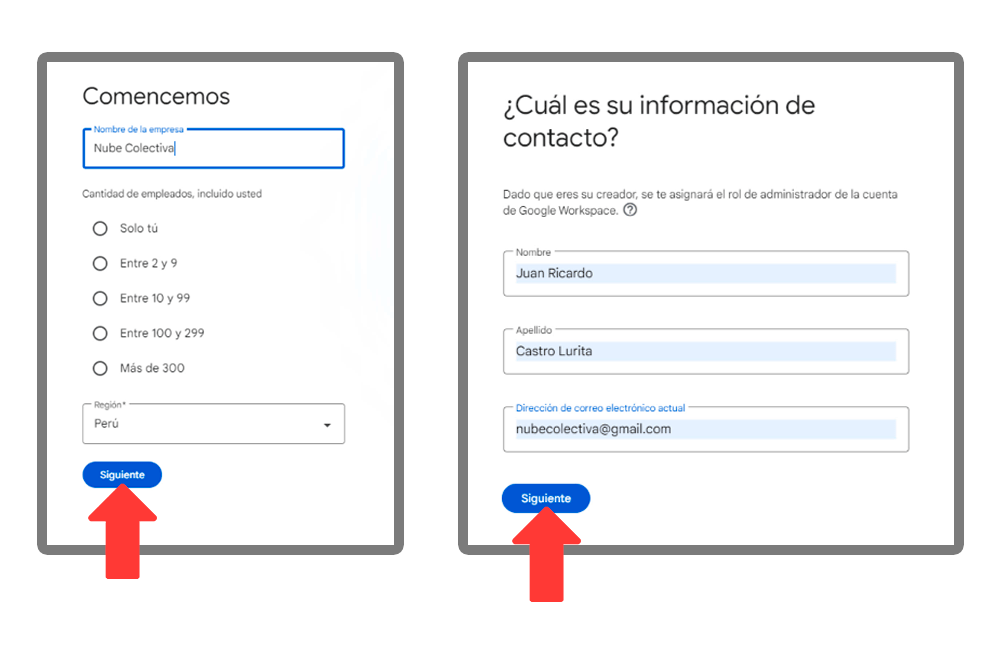 Usa un correo real para que Google Workspace te contacte por cualquier motivo Escribiendo datos de la empresa e información de contacto