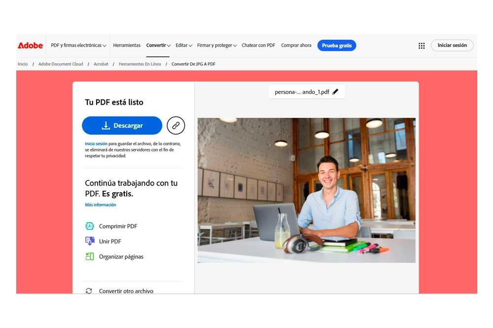 Herramienta de Adobe para convertir fotos a PDF