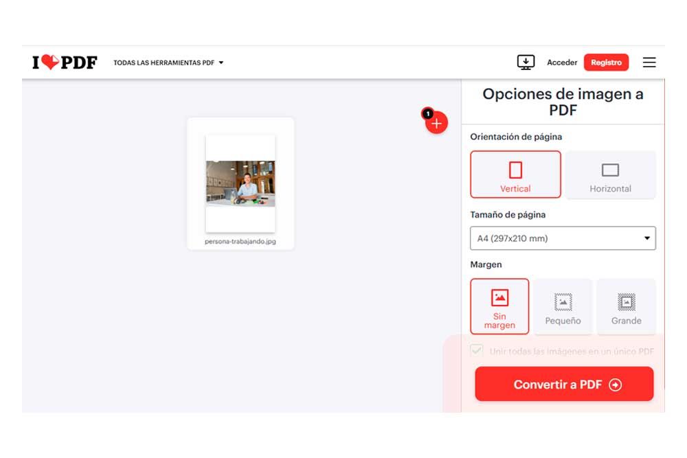 Herramienta de iLovePDF para convertir fotos a PDF