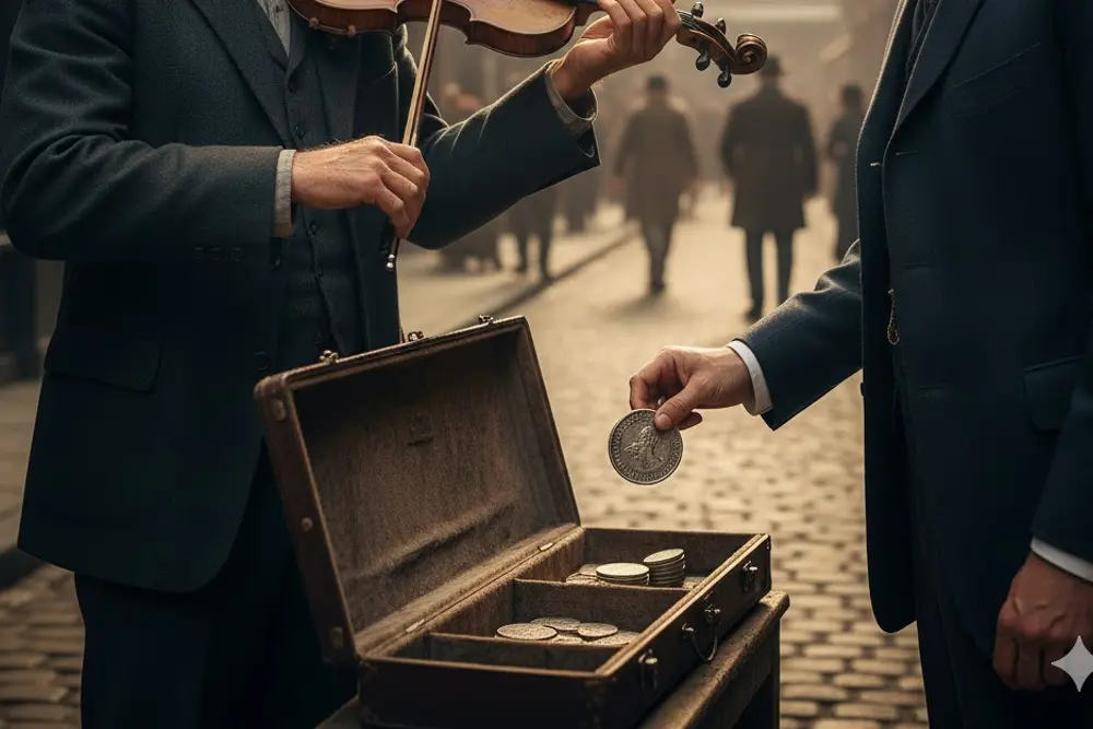 Propina callejera: historia y origen Primer plano de una mano dando una moneda a un trabajador adulto en un ambiente callejero antiguo, ilustrando la propina