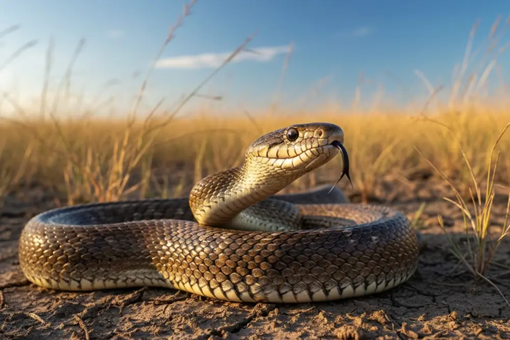Serpiente más venenosa del mundo Serpiente Taipán del interior en posición defensiva en un campo seco, con su lengua bífida fuera