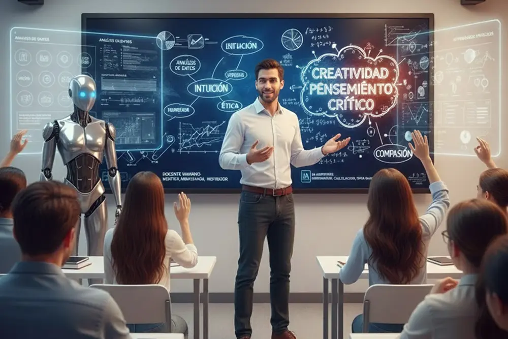 Profesor enseña creatividad, pensamiento crítico y ética, la IA analiza datos.