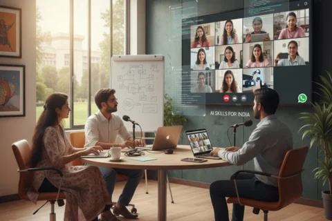 Tutor indio enseñando conceptos de inteligencia artificial a través de un smartphone y aplicaciones de mensajería.