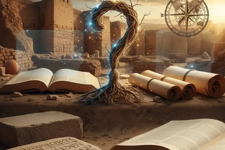 Ruinas antiguas, pergaminos y raíz en forma de signo de interrogación.