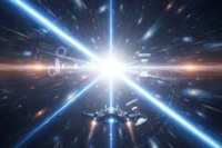 Efecto de túnel de luz hiperespacial con estelas brillantes que atraviesan el cosmos a una velocidad infinita.