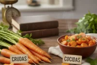 Comparación nutricional: plato de zanahorias crudas al lado de zanahorias cocidas al vapor, destacando beta-caroteno y antioxidantes.