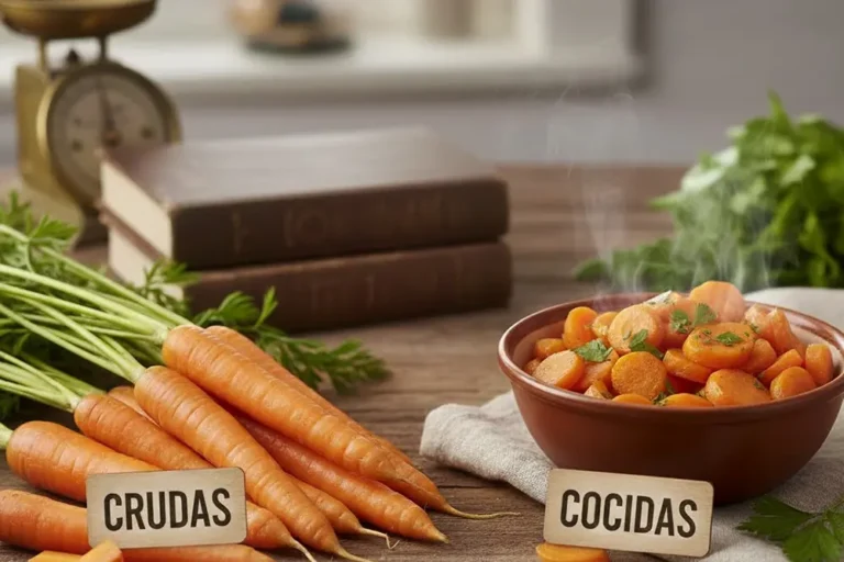 Comparación nutricional: plato de zanahorias crudas al lado de zanahorias cocidas al vapor, destacando beta-caroteno y antioxidantes.