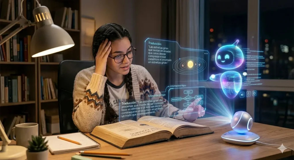 Representación de una IA explicando un curso a una estudiante