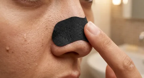 Primer plano de una persona aplicando una tira adhesiva negra para poros en la nariz.