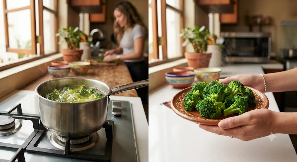 Comparativa de cocción de vegetales verduras Comparación de brócoli perdiendo color en agua hirviendo frente a uno en microondas.