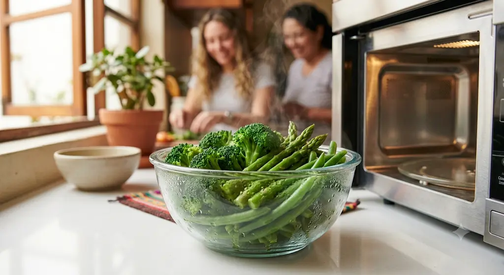 Vegetales verdes frescos cocinados al vapor saliendo de un microondas.