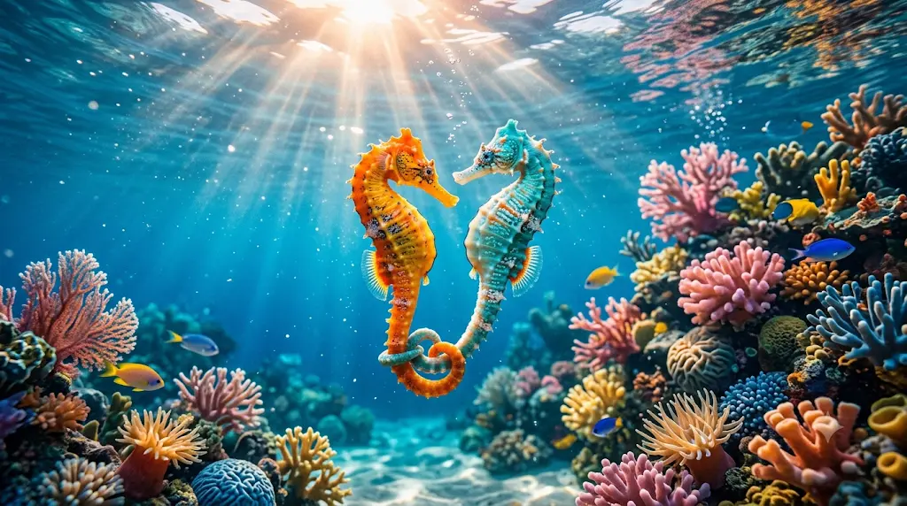 Dos caballitos de mar nadando juntos y agarrados de la cola bajo el agua.