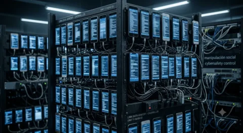 Estantería metálica repleta de teléfonos móviles conectados ejecutando aplicaciones.