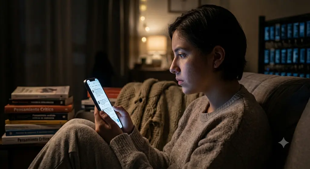 Persona sosteniendo un teléfono inteligente mientras observa redes sociales.