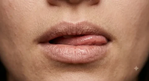 Primer plano de una persona humedeciendo sus labios resecos con la lengua.
