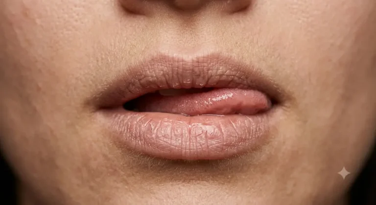 Primer plano de una persona humedeciendo sus labios resecos con la lengua.