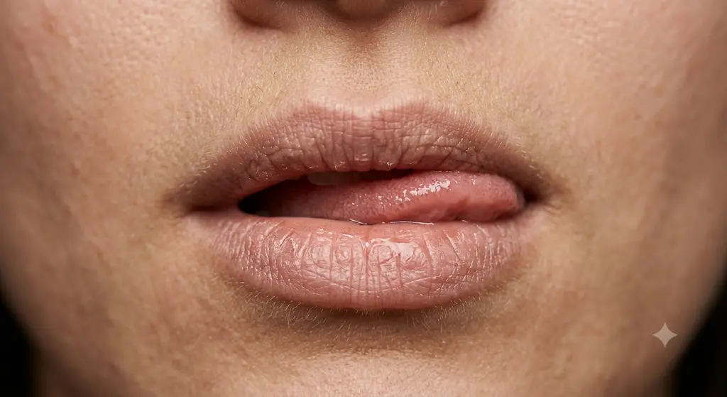 Primer plano de una persona humedeciendo sus labios resecos con la lengua.
