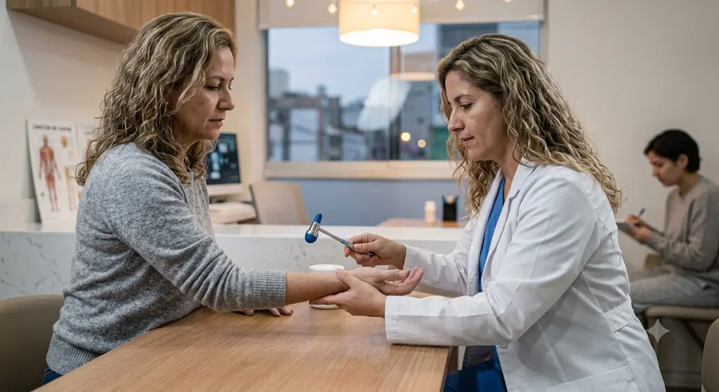 Médico cirujano examinando el brazo de un paciente durante una consulta.