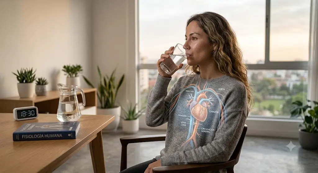 Persona bebiendo un vaso de agua fresca para mantener la presión arterial.