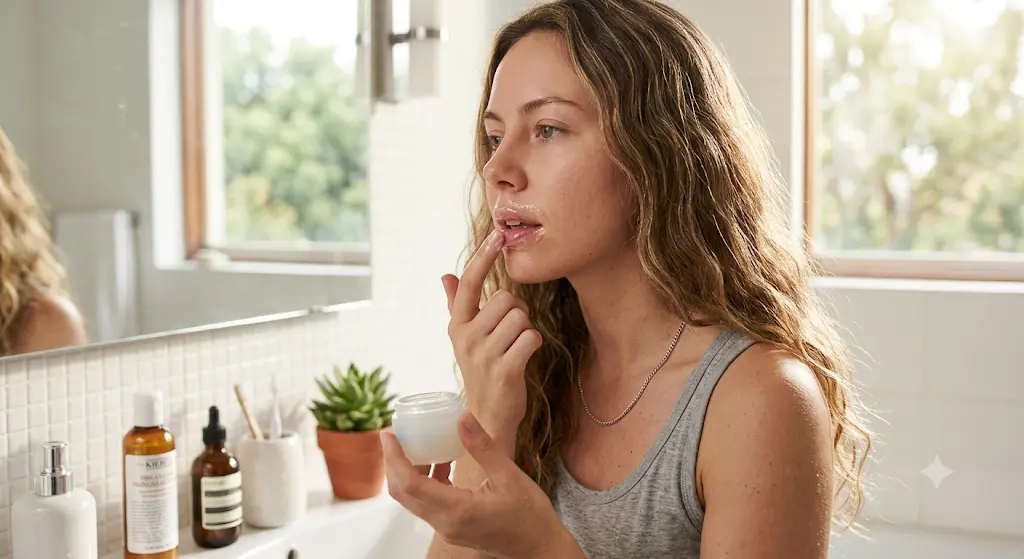 Mujer aplicando bálsamo labial humectante y transparente con el dedo.