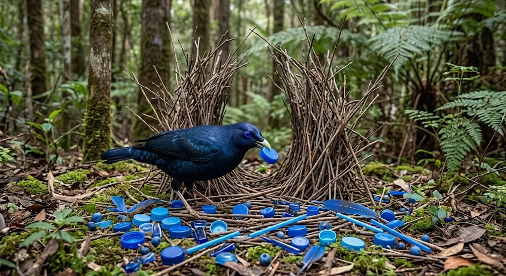 Pájaro sastre macho organizando objetos de color azul brillante frente a su nido de palos.