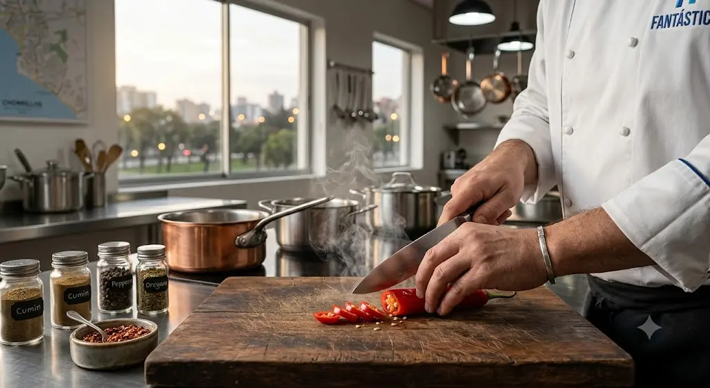 Manos de un cocinero cortando un chile rojo fresco en una tabla de picar.