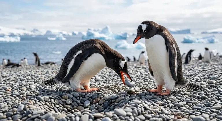 Un pingüino macho entregando una piedra pequeña y lisa a una hembra en la Antártida.