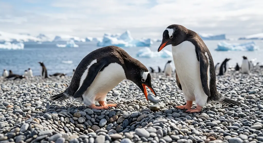 Un pingüino macho entregando una piedra pequeña y lisa a una hembra en la Antártida.