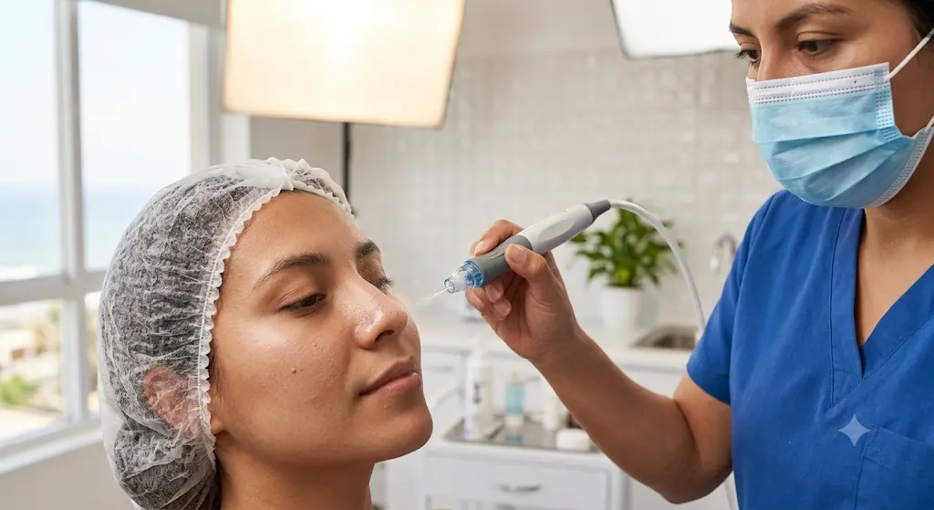 Tratamiento de limpieza facial profunda con maquinita de succión e hidroterapia.